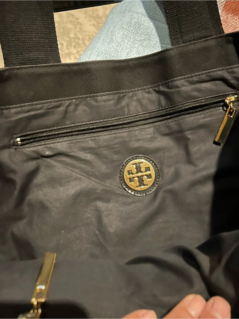 Tory Burch Black Tote with Patent Trim and Logo Medallion